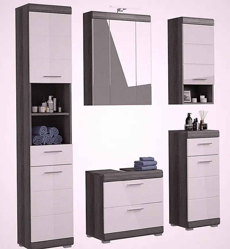Badezimmer-Set komplett Badmöbel weiß Hochglanz grau 5-teilig Spiegelschrank LED
