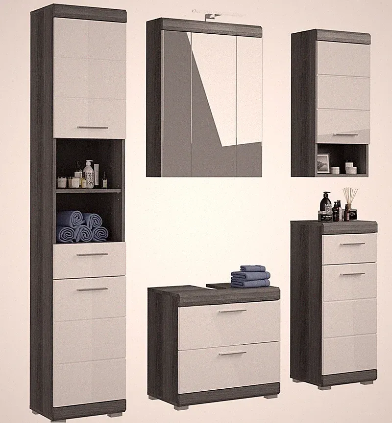 Badezimmer-Set komplett Badmöbel weiß Hochglanz grau 5-teilig Spiegelschrank LED