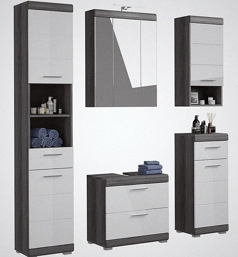 Badezimmer-Set komplett Badmöbel weiß Hochglanz grau 5-teilig Spiegelschrank LED