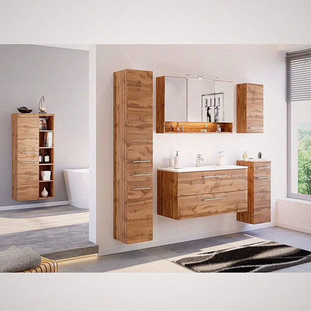 Badezimmer Set Mineralgussbecken Hochschrank Unterschrank LED Spiegelschrank