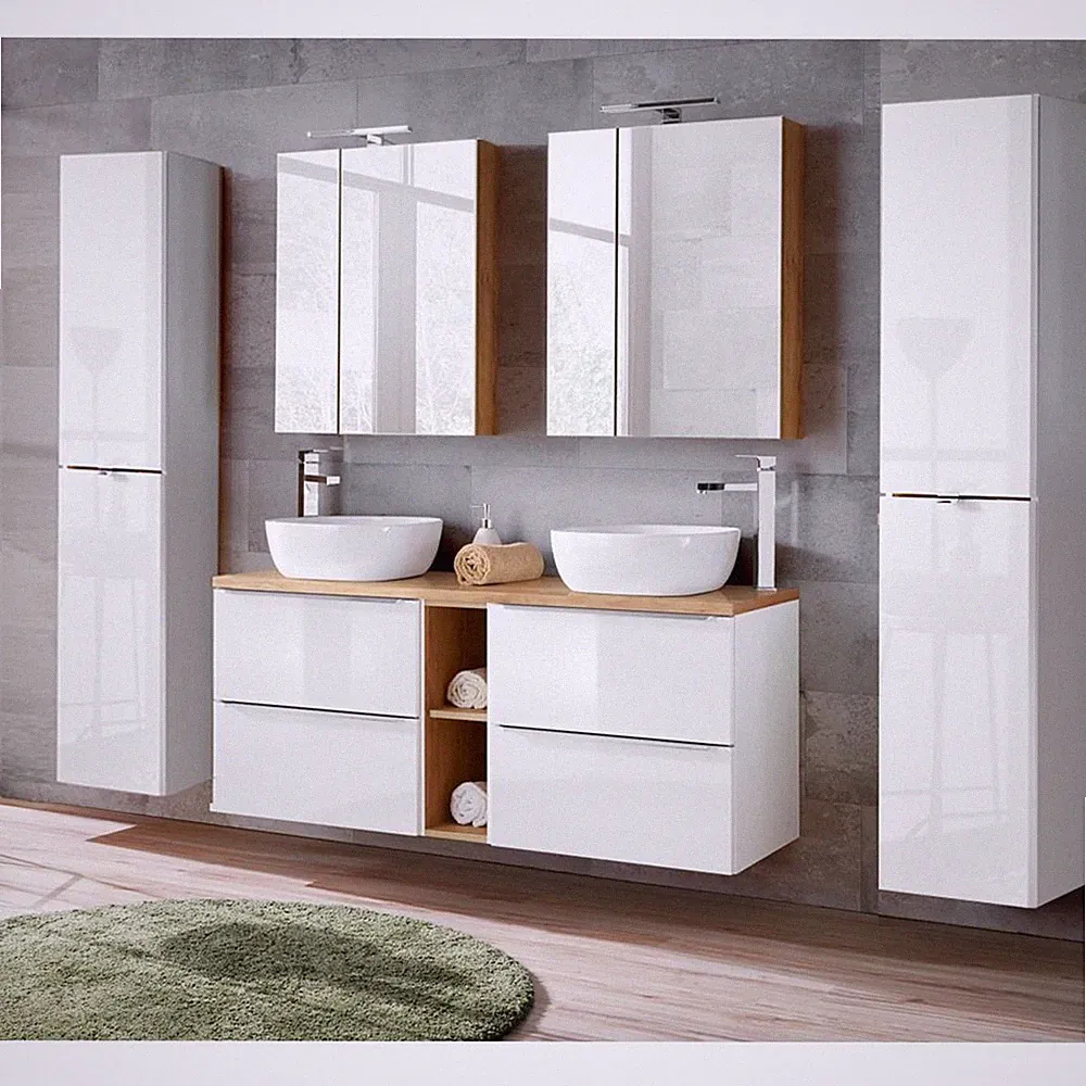 Badezimmer Set mit Doppel-Waschtisch inkl 2x LED-Spiegelschrank & 2x Waschbecken