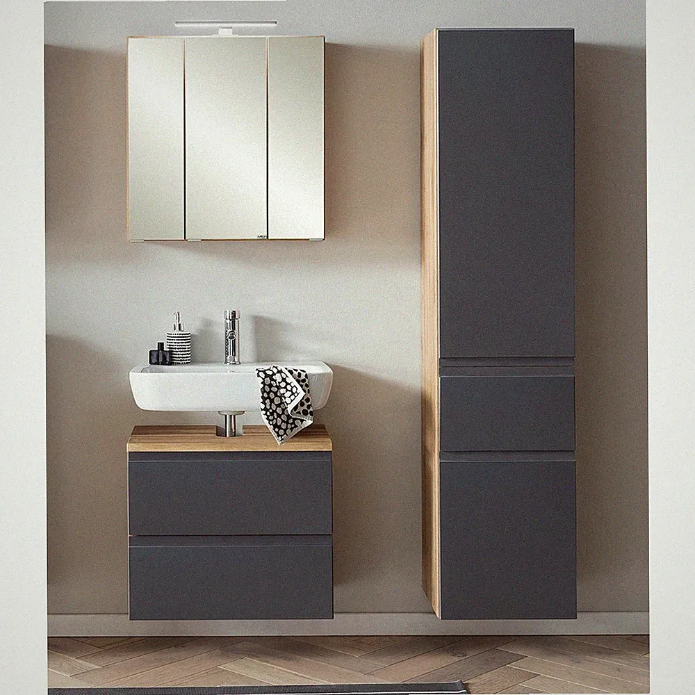 Badezimmer Set mit Hochschrank, stehend/hängend, Wotan Eiche/matt grau, 3-tlg.