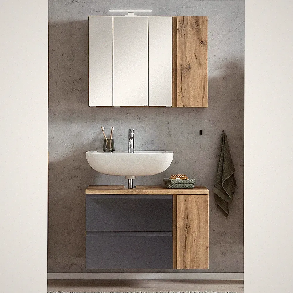 Badezimmer Set Waschbeckenschrank, Spiegelschrank, 85cm, LED Beleuchtung
