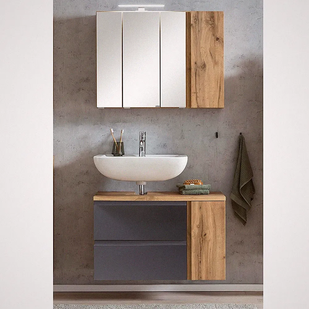Badezimmer Set Waschbeckenschrank, Spiegelschrank, 85cm, LED Beleuchtung