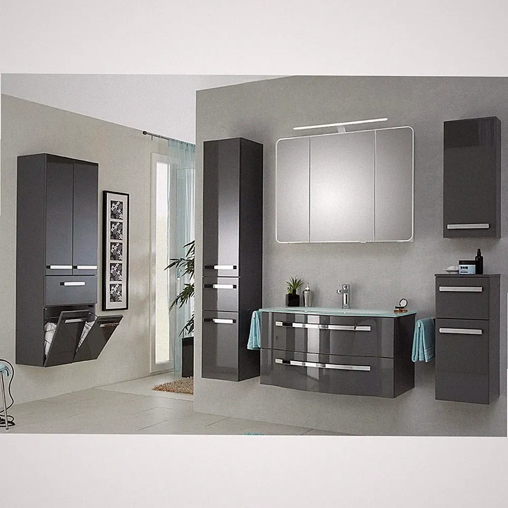 Badezimmer Set Waschtisch Glaswaschbecken Lack grau Hochschrank Spiegelschrank