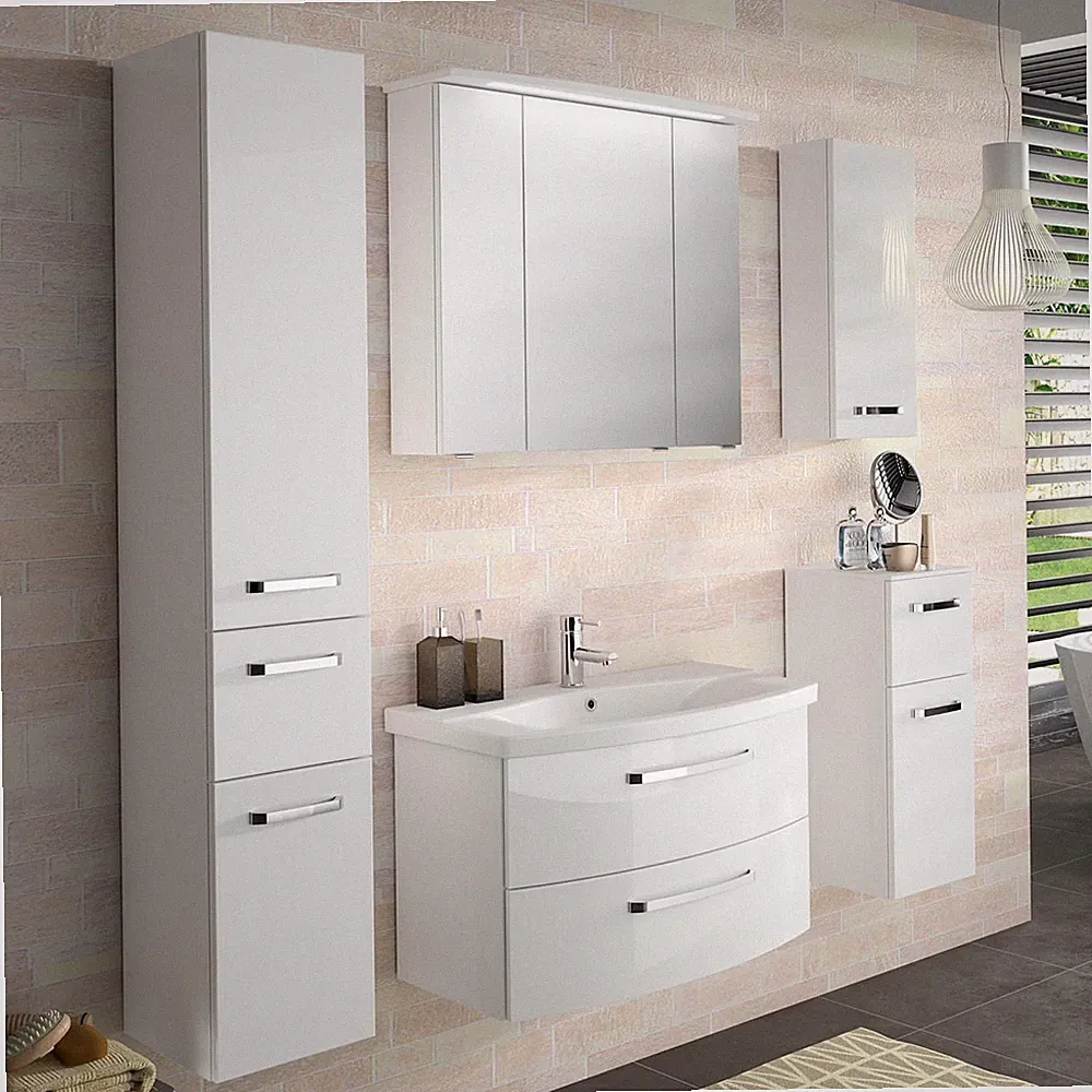 Badezimmer Set Waschtisch hängend Hochschrank Seitenschrank Spiegel Bad Schrank