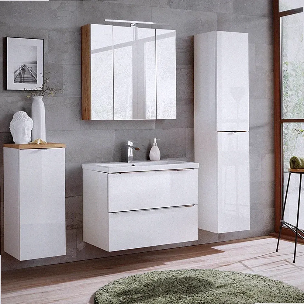 Badezimmer Set Waschtisch mit Keramik Waschbecken LED Spiegelschrank Hochschrank