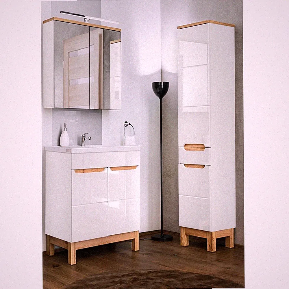 Badezimmer Set weiß Hochglanz Waschtisch LED Spiegelschrank Hochschrank Gäste WC