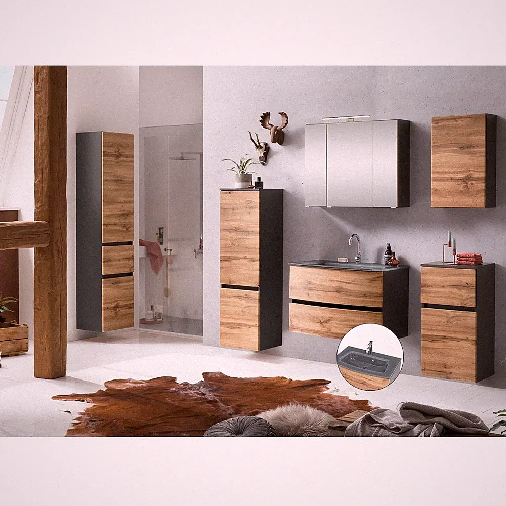 Badezimmer Set Wotaneiche Waschtisch LED Spiegelschrank Hängeschrank Midischrank