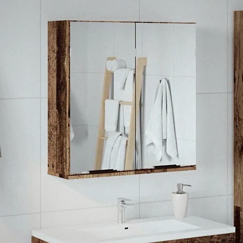 Badezimmer Spiegelschrank 2 Spiegeltüren Holzrahmen Braun Wandmontage Stauraum