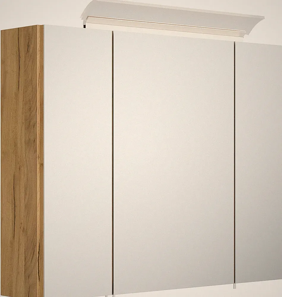 Badezimmer Spiegelschrank 3-türig LED-Lampe 80 cm Eiche Gold Badschrank Badmöbel