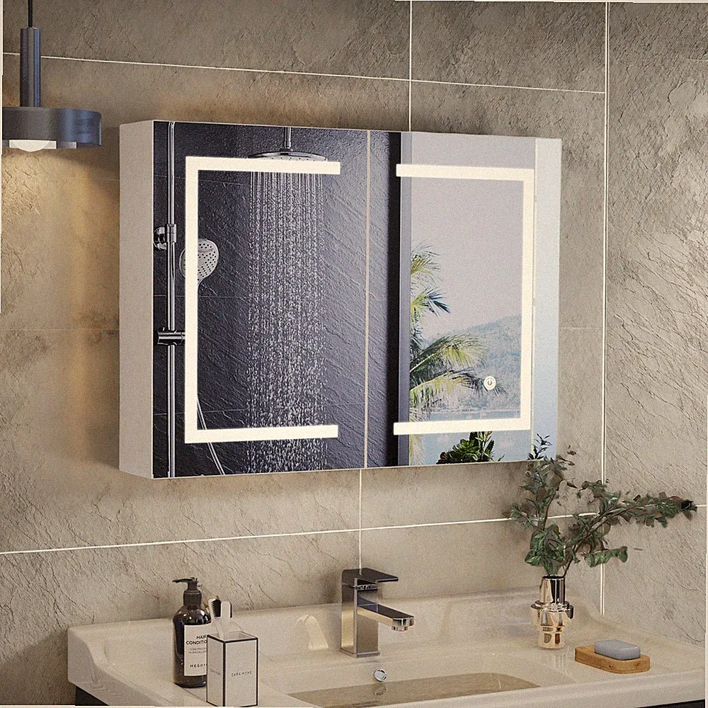 Badezimmer Spiegelschrank 80x13,5x60cm mit LED,Doppeltür Badschrank mit Spiegel