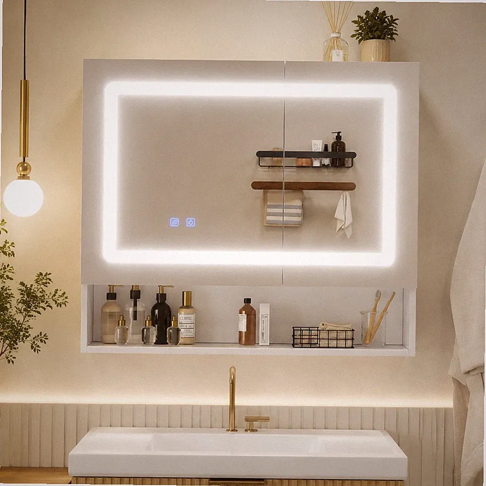 Badezimmer Spiegelschrank Bad 80x70cm mit LED Antibeschlag Weiß 2 Spiegeltüren