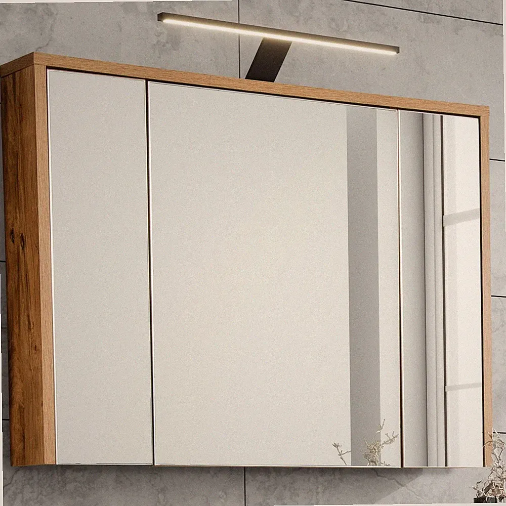 Badezimmer-Spiegelschrank Badschrank mit Beleuchtung 100 cm Eiche Dekor Gäste-WC