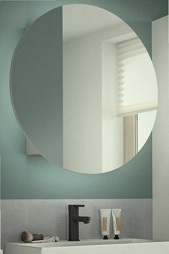 Badezimmer Spiegelschrank in weiß Badschrank rund 70 cm Soft-Close Relief