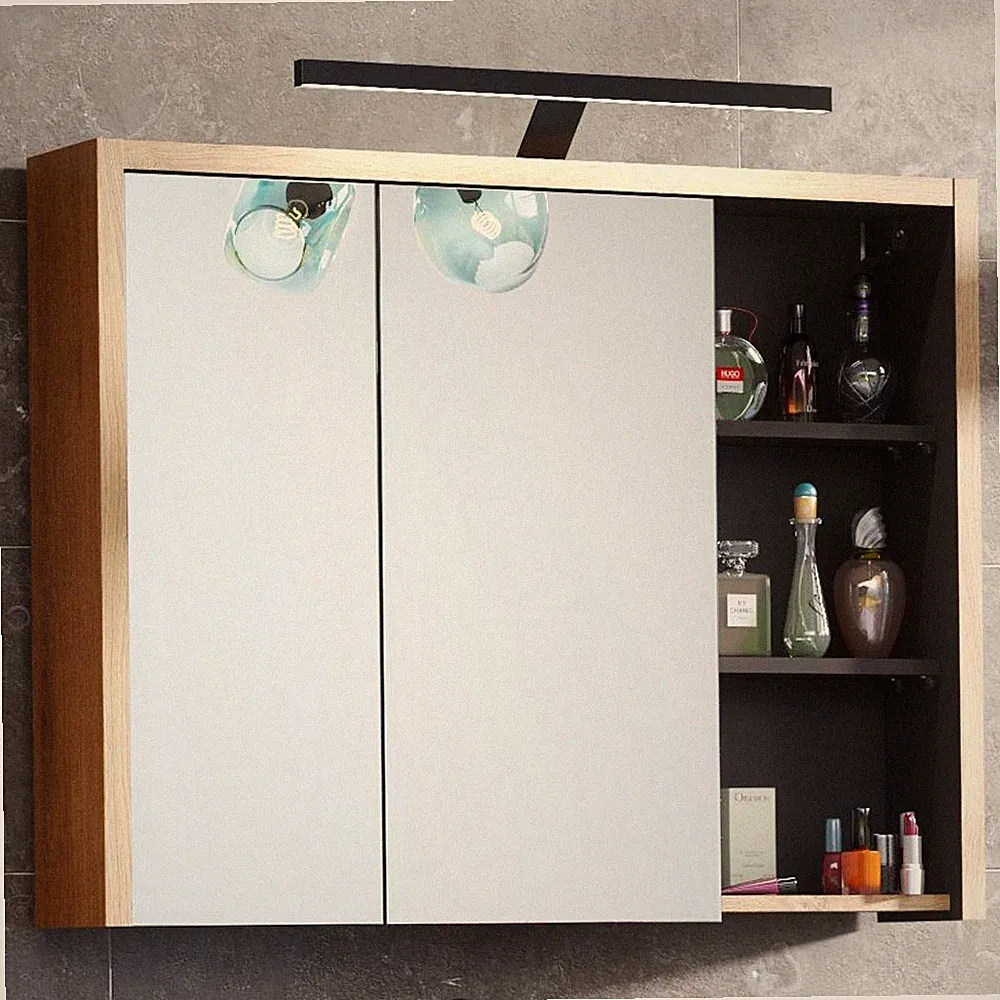 Badezimmer Spiegelschrank LED-Beleuchtung 100 cm Eiche Nb. mit grau Badmöbel