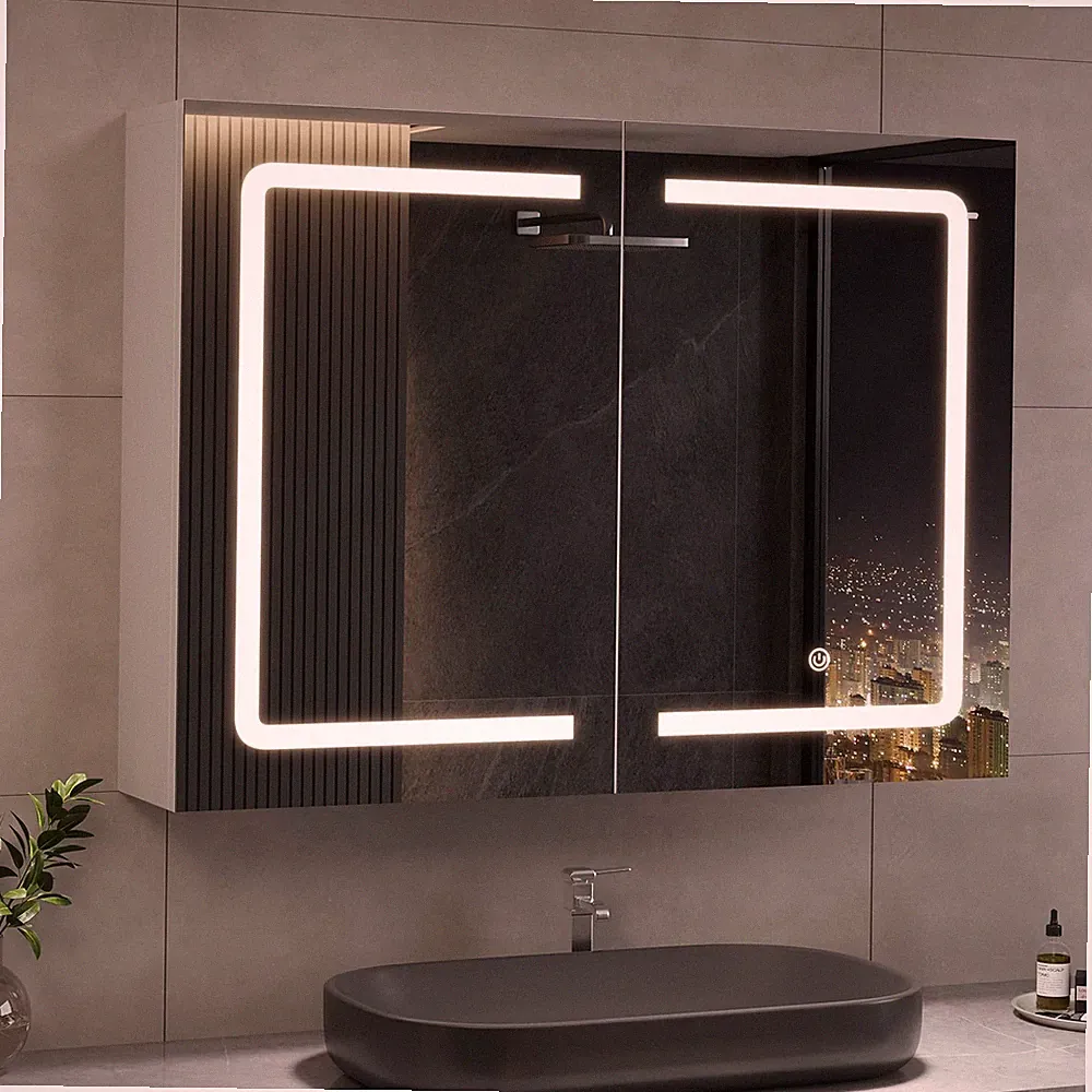 Badezimmer Spiegelschrank LED Beleuchtung Doppeltür Hängeschrank 80cm Weiß