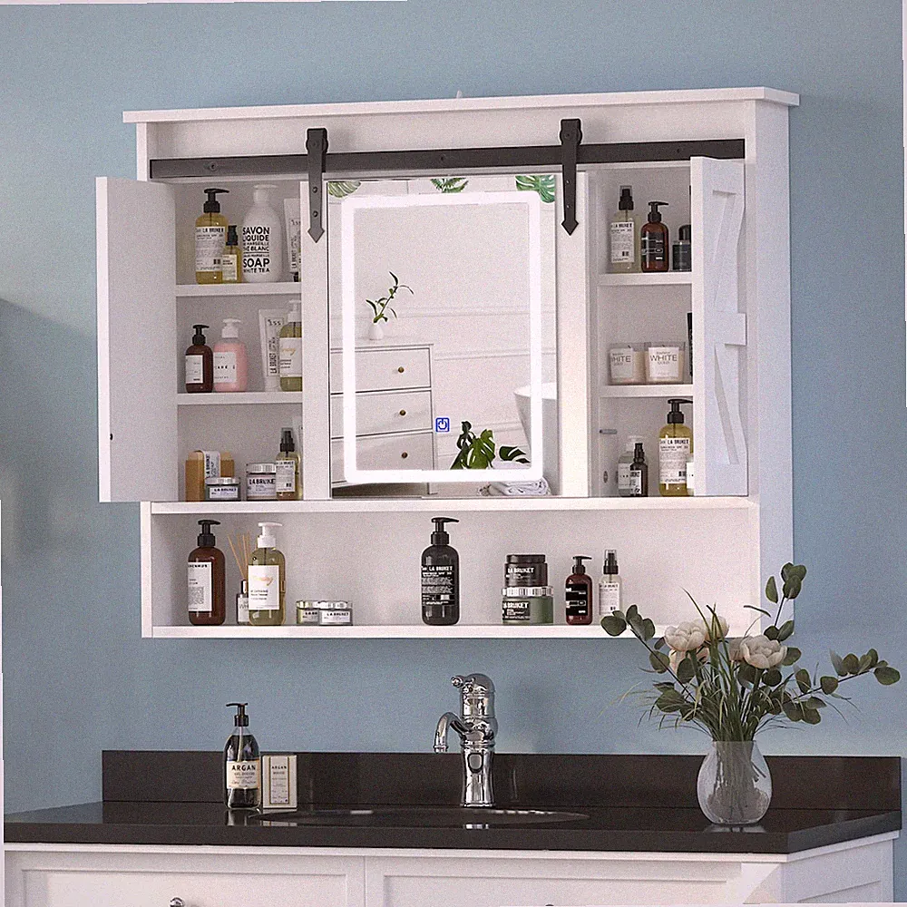 Badezimmer-Spiegelschrank Mit Beleuchtung 3-Farbig Dimmbarer, Scheunenstil