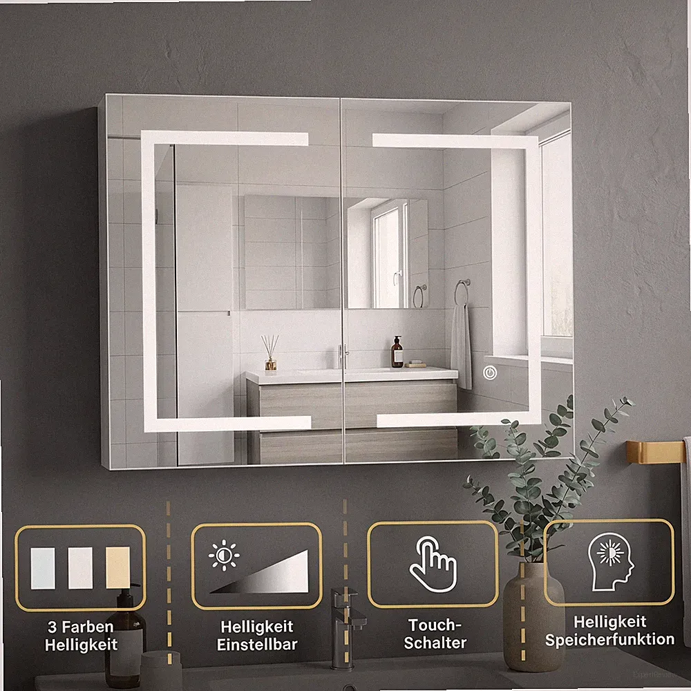 Badezimmer Spiegelschrank mit LED Beleuchtung 2 Türen Touch Sensor