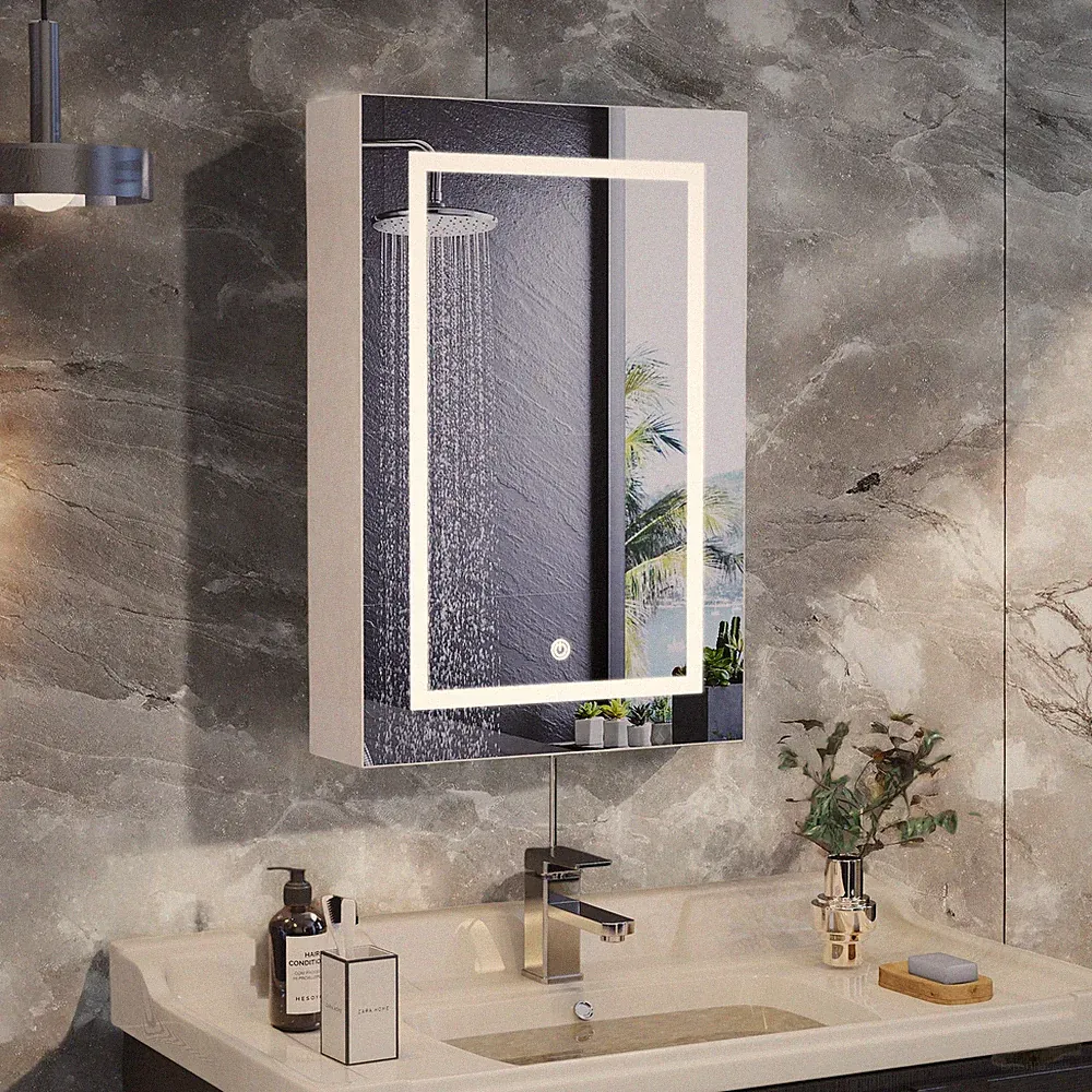 Badezimmer Spiegelschrank mit LED licht 50x15x70 cm Einzeltür Spiegelschrank Bad