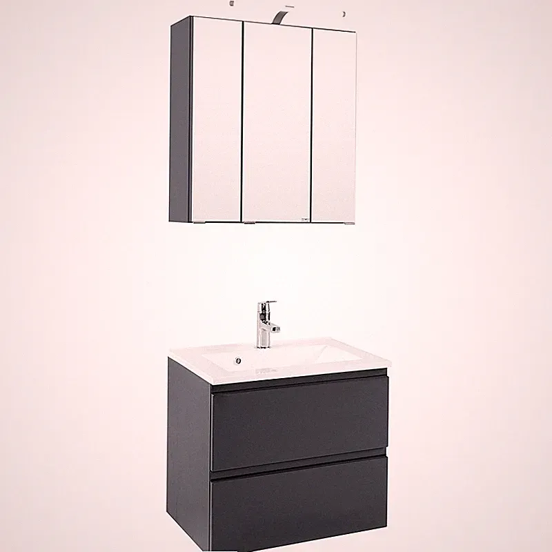 Badezimmer Waschplatz Set Hochglanz grau 60cm Waschtisch mit LED Spiegelschrank