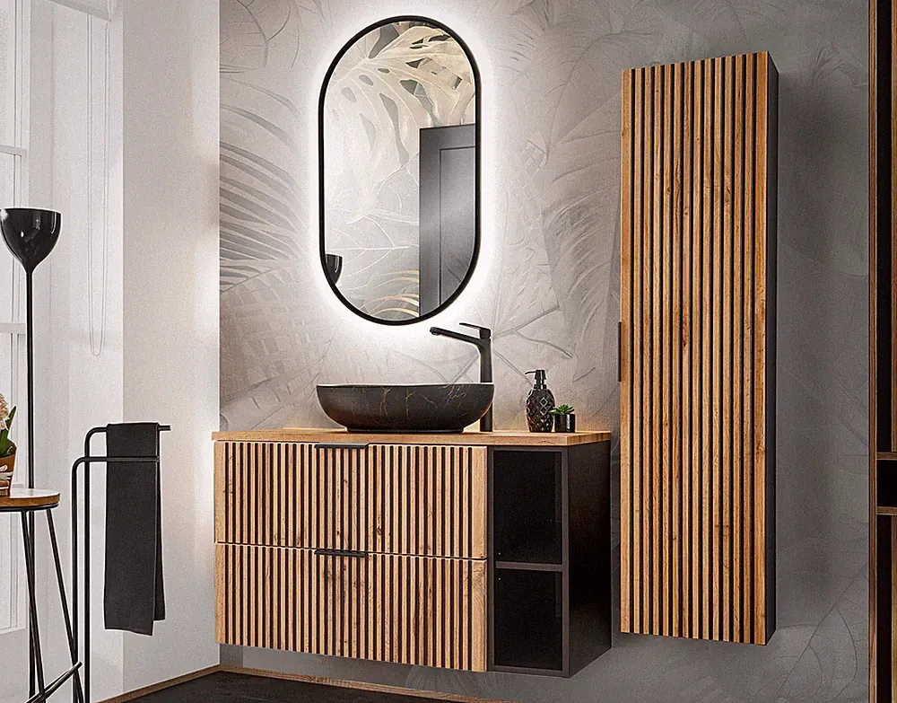 Badezimmer Waschplatz Tribune 100cm 3-teiliges Badset II | wotan-eiche - schwarz