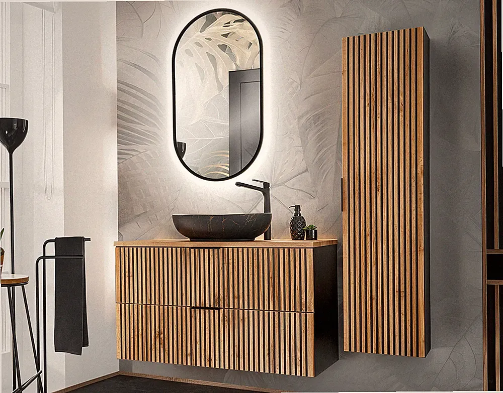Badezimmer Waschplatz Tribune 100cm 3-teiliges Badset | wotan-eiche - schwarz