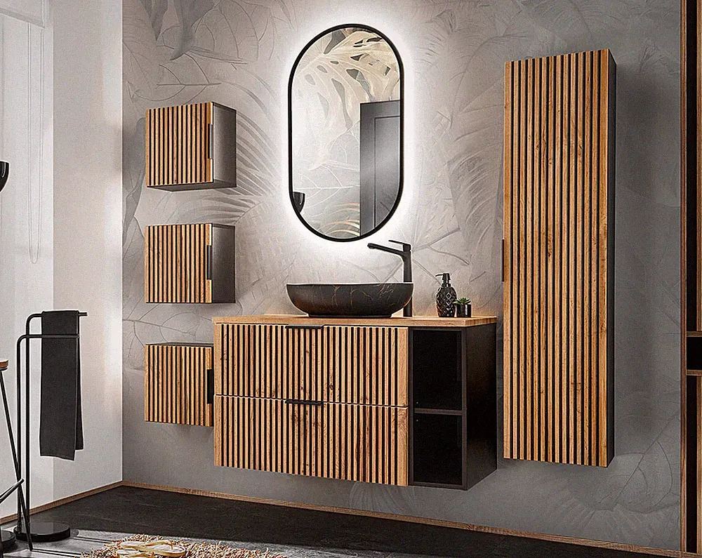Badezimmer Waschplatz Tribune 100cm 6-teiliges Badset II | wotan-eiche - schwarz