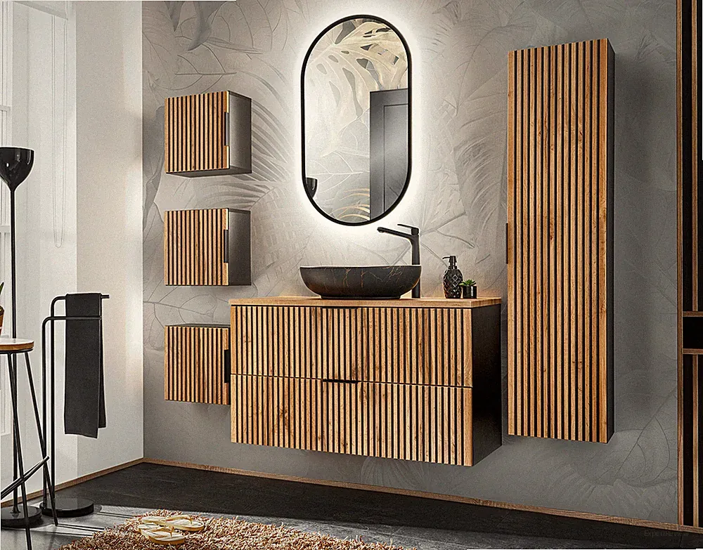 Badezimmer Waschplatz Tribune 100cm 6-teiliges Badset | wotan-eiche - schwarz