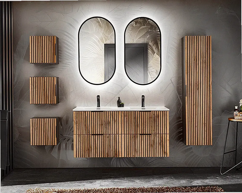 Badezimmer Waschplatz Tribune 120cm Badset 7-teilig | wotan-eiche - schwarz
