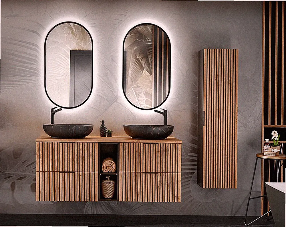 Badezimmer Waschplatz Tribune 140cm 4-teiliges Badset | wotan-eiche - schwarz