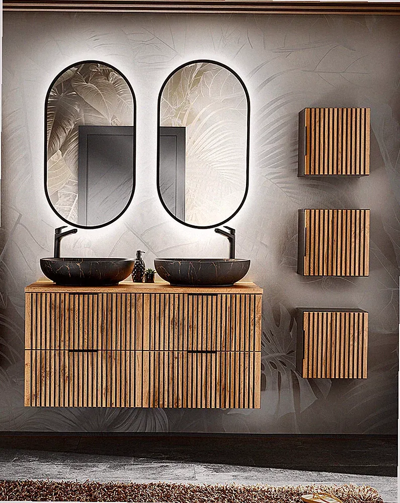 Badezimmer Waschplatz Tribune 140cm 6-teiliges Badset | wotan-eiche - schwarz