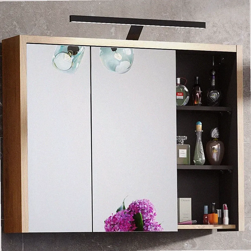Badezimmer Waschtisch Set in Eiche mit anthrazit LED-Spiegelschrank Gäste-WC Bad