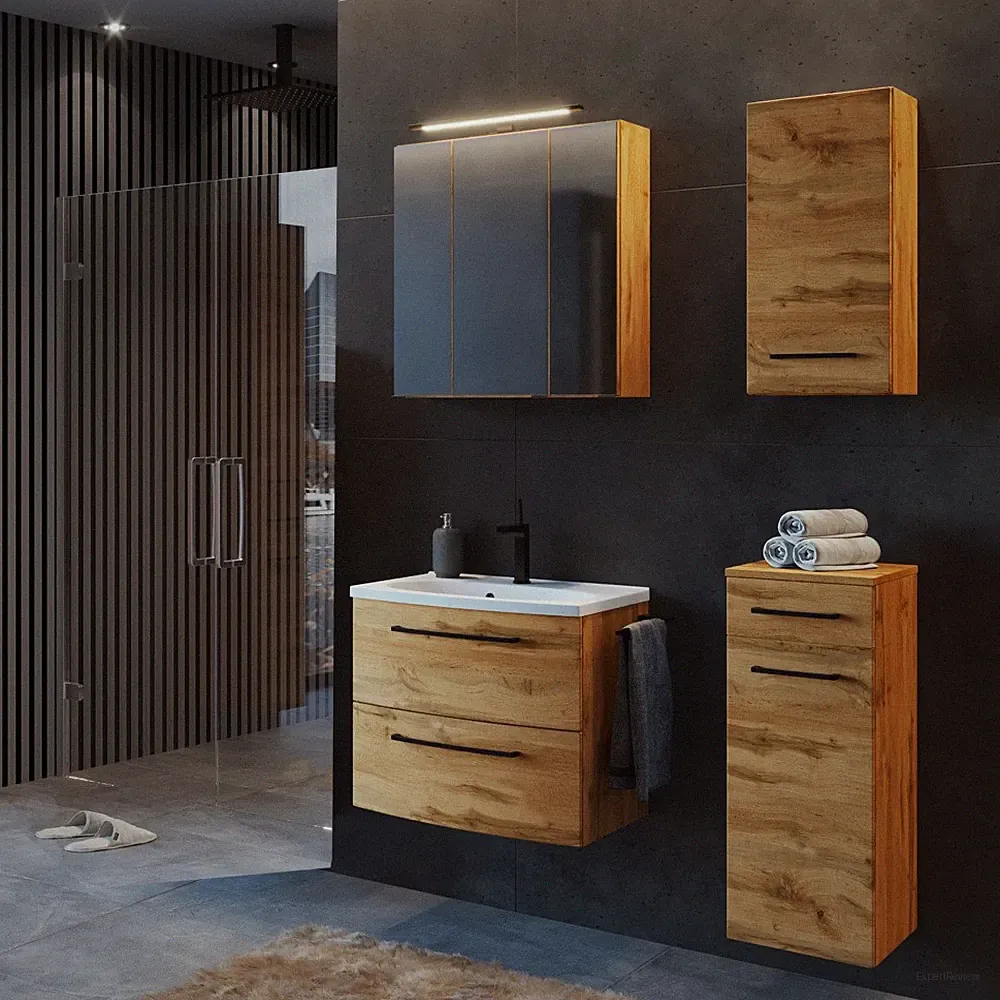 Badezimmer Waschtisch Set mit Spiegelschrank, 4-tlg. LED-Beleuchtung, MDF Platte