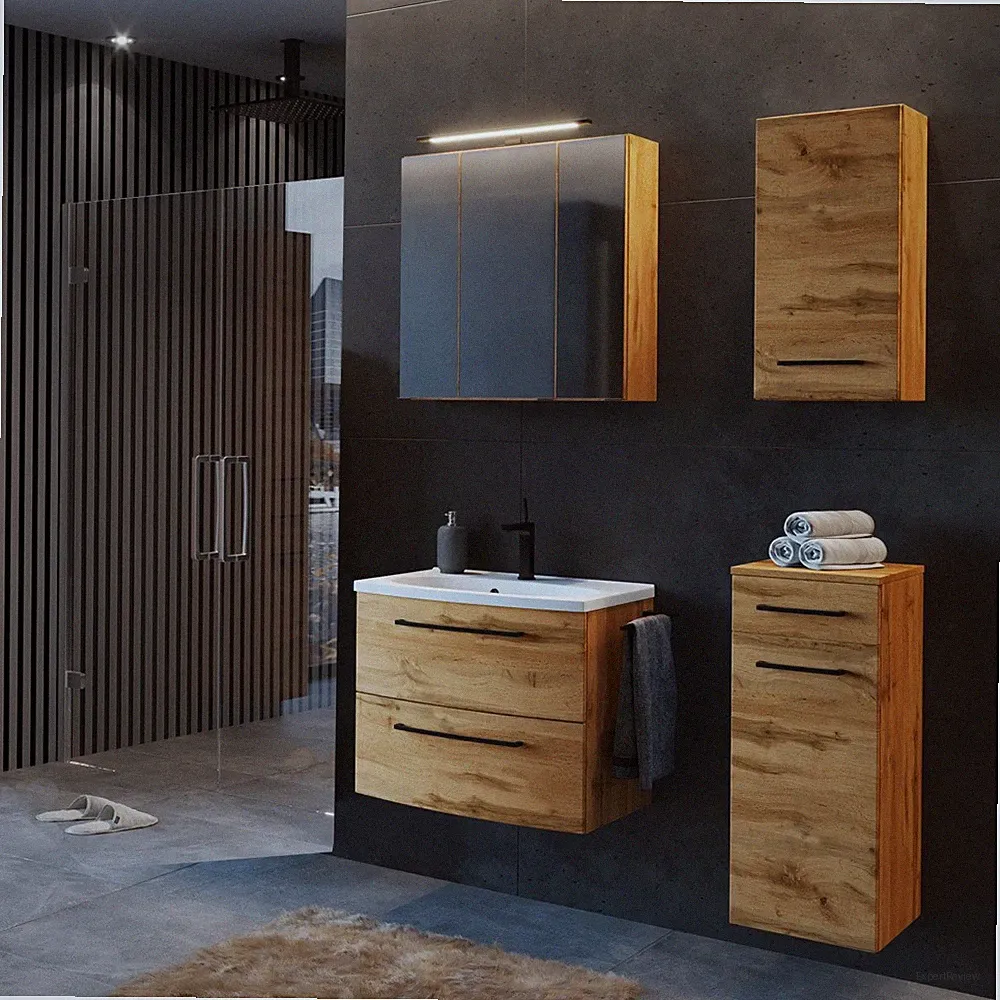 Badezimmer Waschtisch Set mit Spiegelschrank, 4-tlg. LED-Beleuchtung, MDF Platte