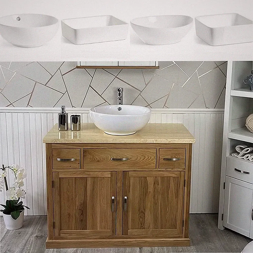 Badezimmer Waschtischunterschrank Eiche Unterschrank Waschtisch Creme Marmorplatte & Keramikbecken