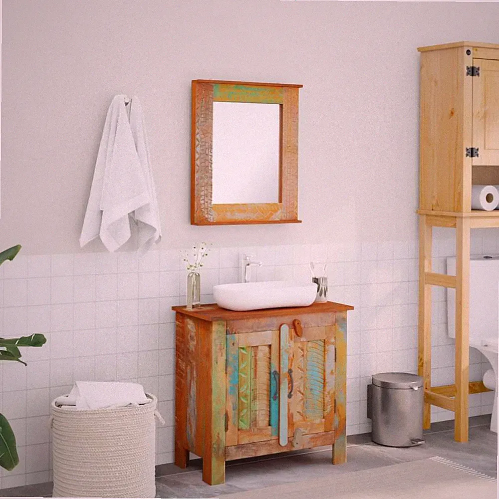 Badezimmer Waschtischunterschrank Set Altholz Massivholz 60x30x60cm Mehrfarbig Spiegel