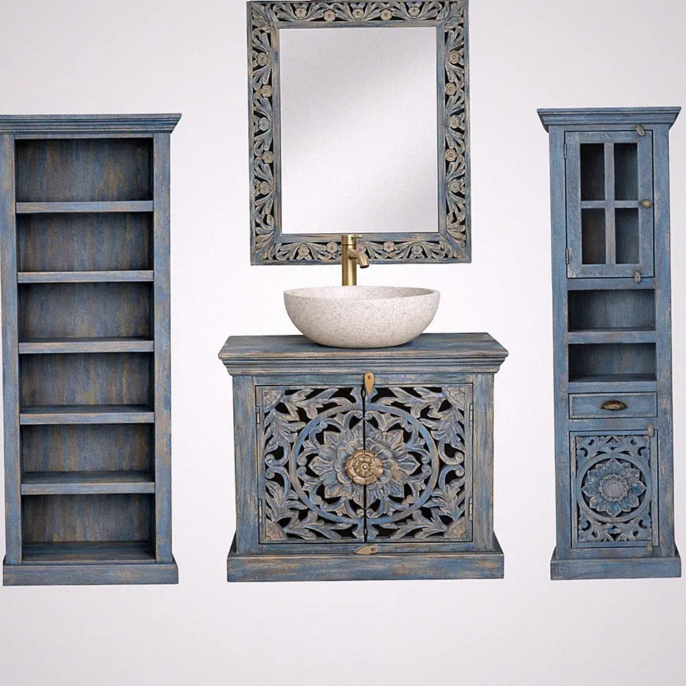 Badezimmermöbel Kirpal Blau orientalisch Massivholz 4er Set