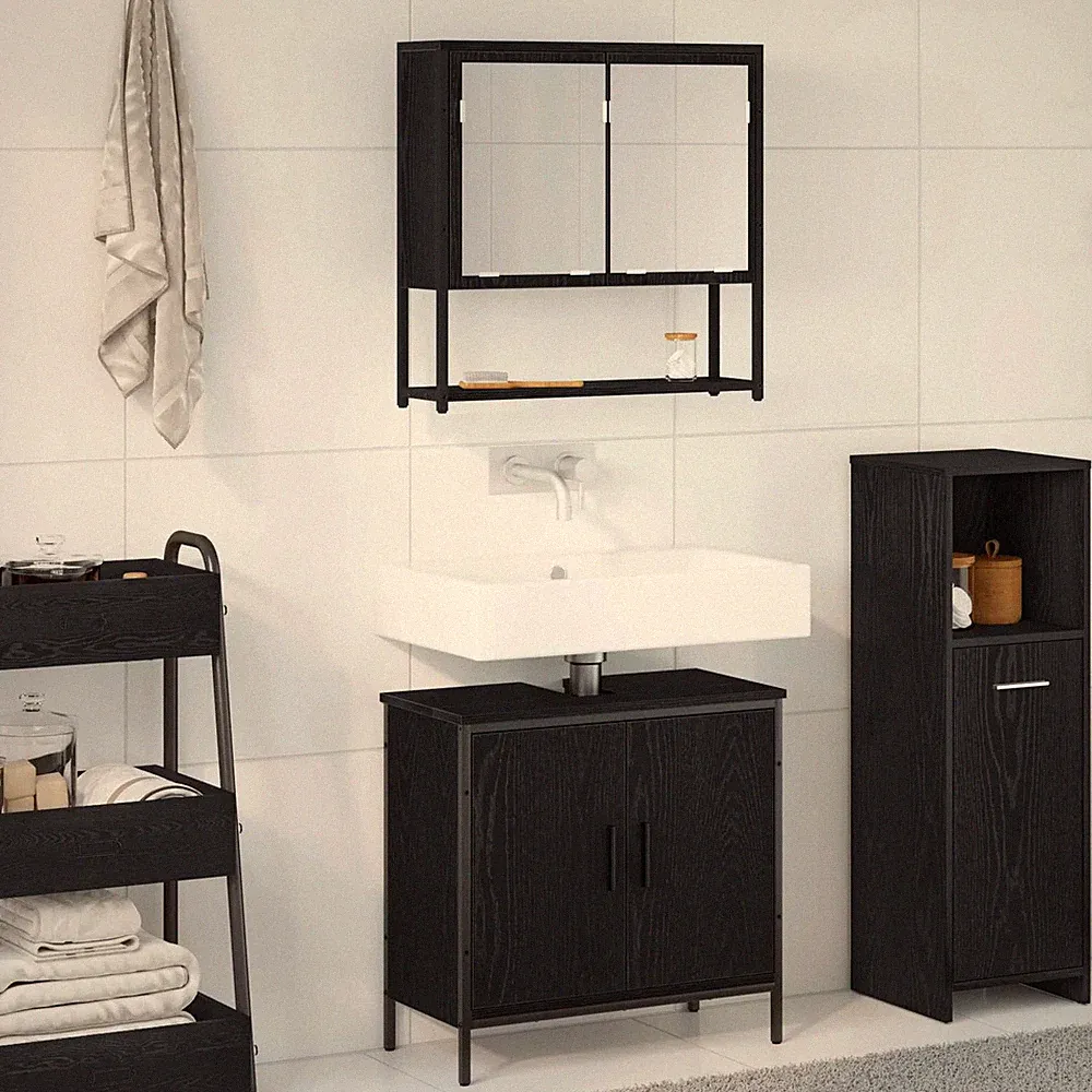 Badezimmermöbel-Set 2-teilig mit Regal Schwarz Holzwerkstoff