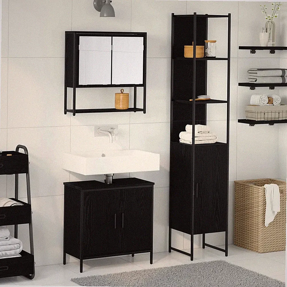 Badezimmermöbel-Set 3-teilig mit Regal in Schwarz aus Holzwerkstoff