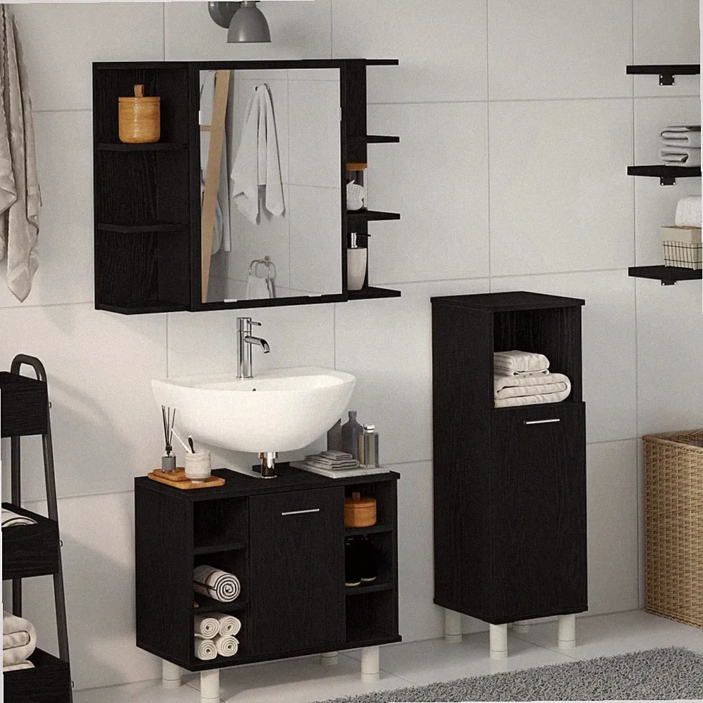 Badezimmermöbel-Set 3-teilig mit Regal Schwarz 30x30x99,5 cm