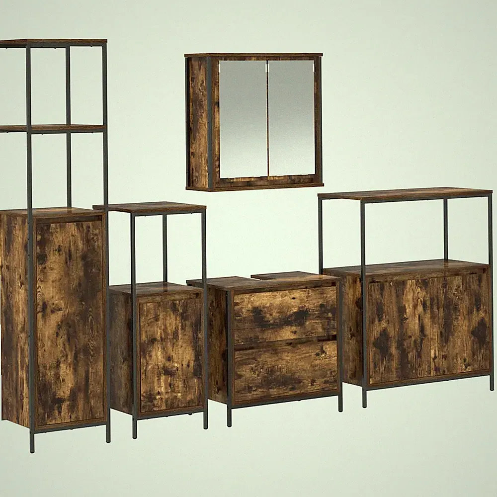 Badezimmermöbel-Set 5-teilig mit Regal und Schrank Holzwerkstoff Braun