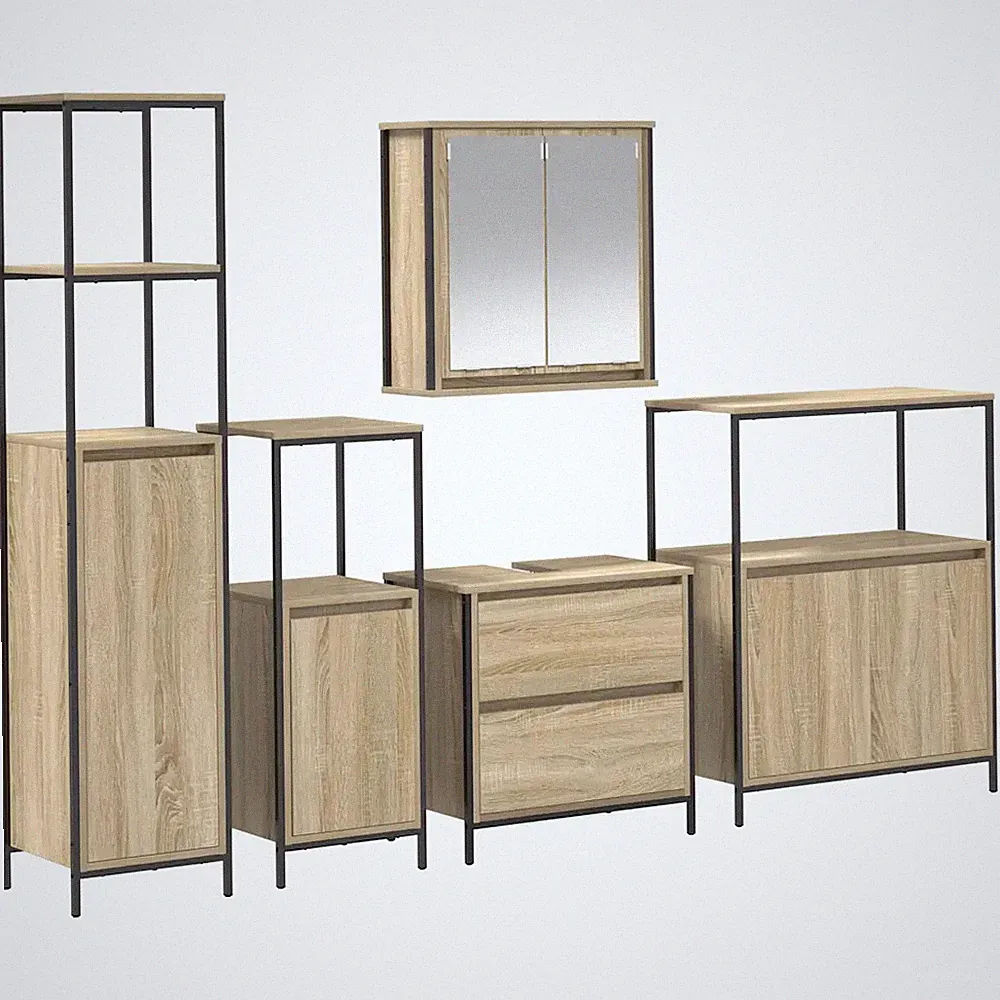 Badezimmermöbel Set 5-teilig mit Regal und Tür Beige aus Holzwerkstoff