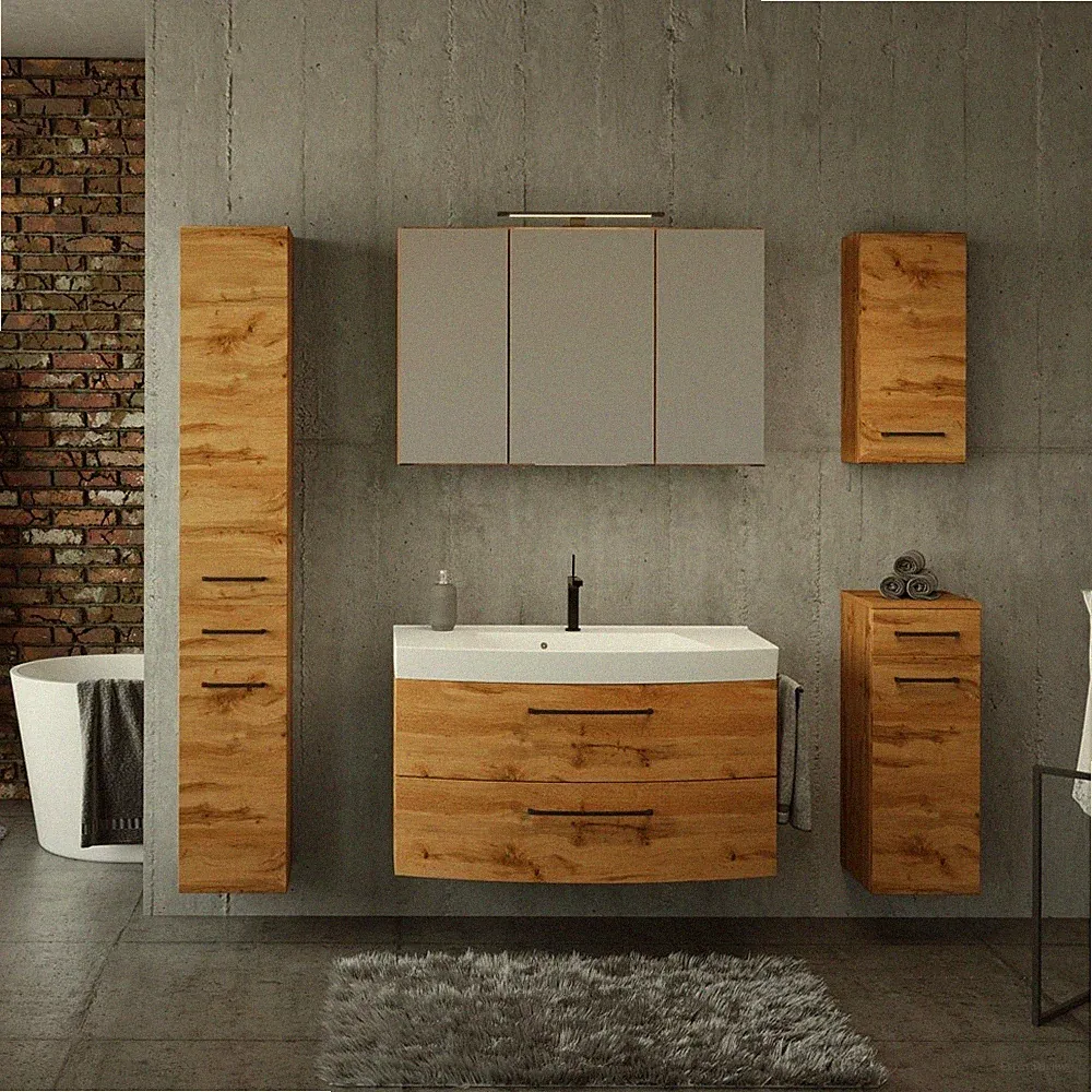Badezimmermöbel Set-5-tlg. Industrial Style100 cm Mineralgussbecken, Wotan Eiche