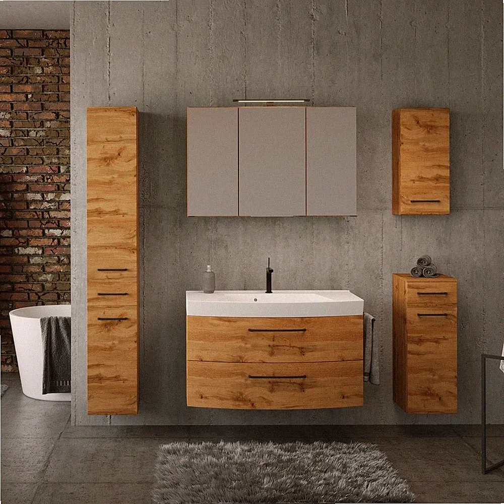Badezimmermöbel Set-5-tlg. Industrial Style100 cm Mineralgussbecken, Wotan Eiche