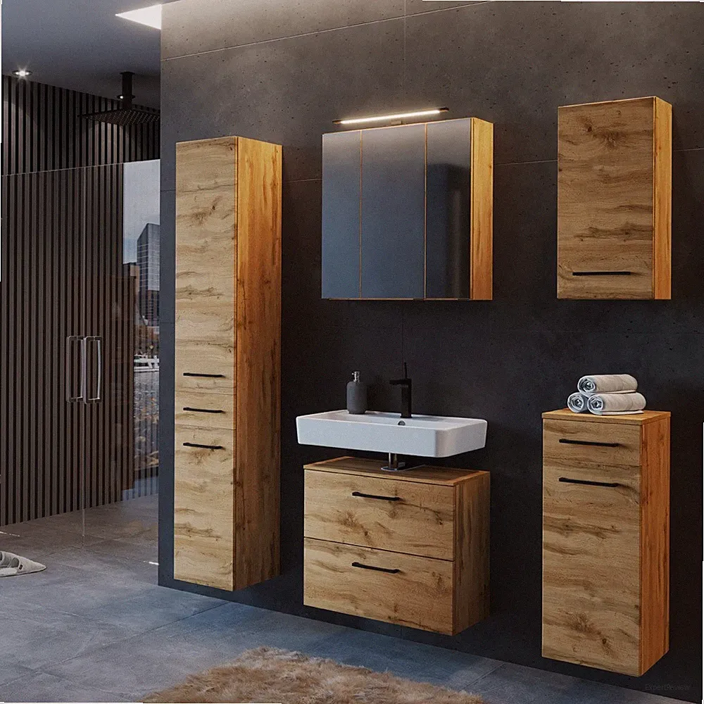Badezimmermöbel Set 5tlg. in Wotan Eiche Nb. inkl. LED Beleuchtung, MDF