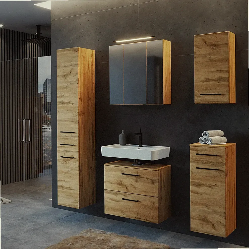Badezimmermöbel Set 5tlg. in Wotan Eiche Nb. inkl. LED Beleuchtung, MDF
