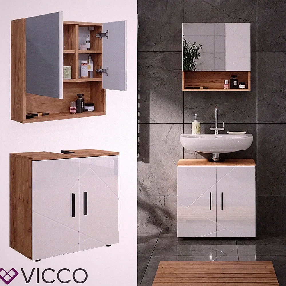 Badezimmermöbel Set Badezimmerschrank Spiegel Irma Eiche weiß Hochglanz Vicco
