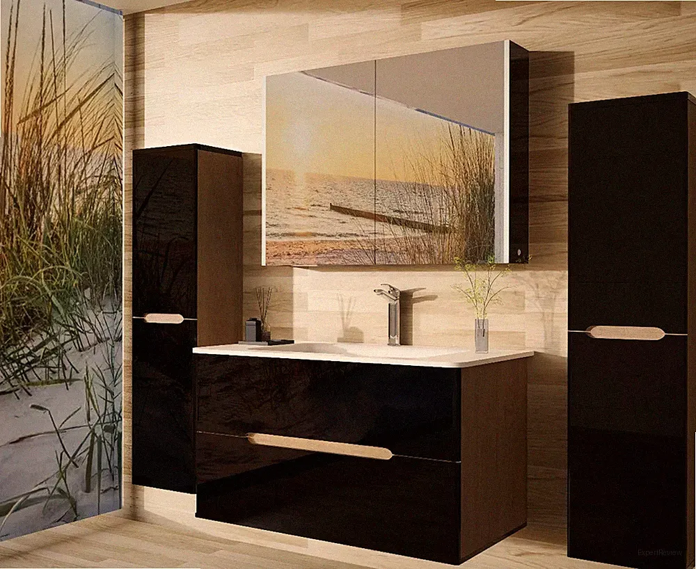 Badezimmermöbel set Badmöbel Hochglanz Eiche/ Schwarz Spiegelschrank Keramik LED