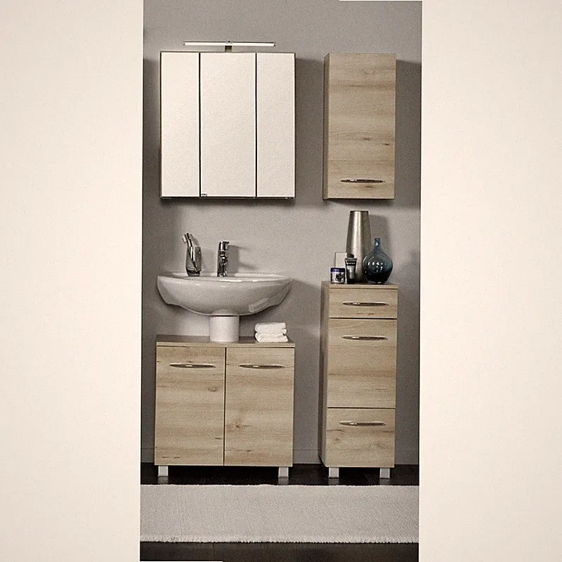 Badezimmermöbel Set Buche 60cm Waschbeckenschrank & LED Spiegelschrank Badmöbel